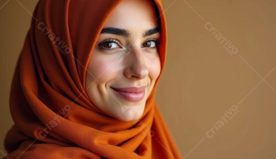 Mulher jovem muçulmana com hijab laranja sorrindo com covinhas
