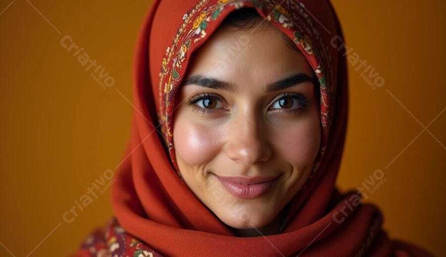 Mulher muçulmana com hijab vermelho sorrindo em fundo laranja vibrante