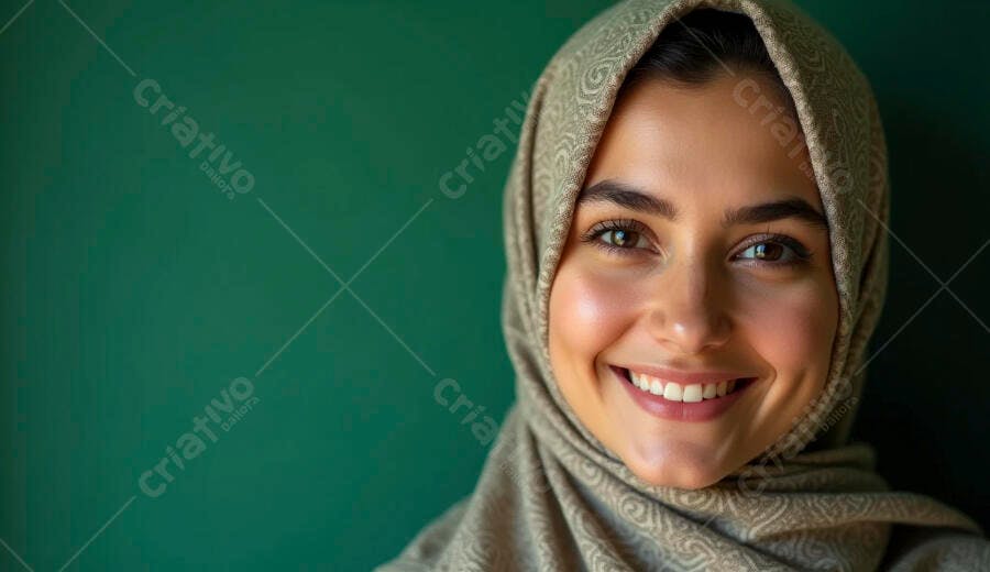 Mulher muçulmana sorrindo com hijab em fundo verde