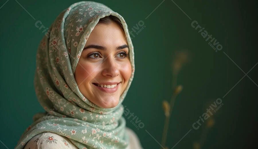 Mulher jovem sorrindo com hijab estampado verde olhando para a luz
