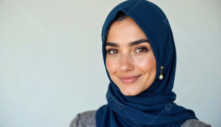Mulher muçulmana sorrindo com hijab azul em estúdio