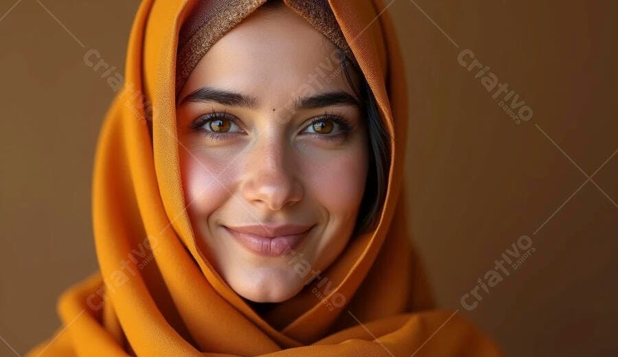 Mulher sorrindo com hijab laranja olhos castanhos retrato caloroso