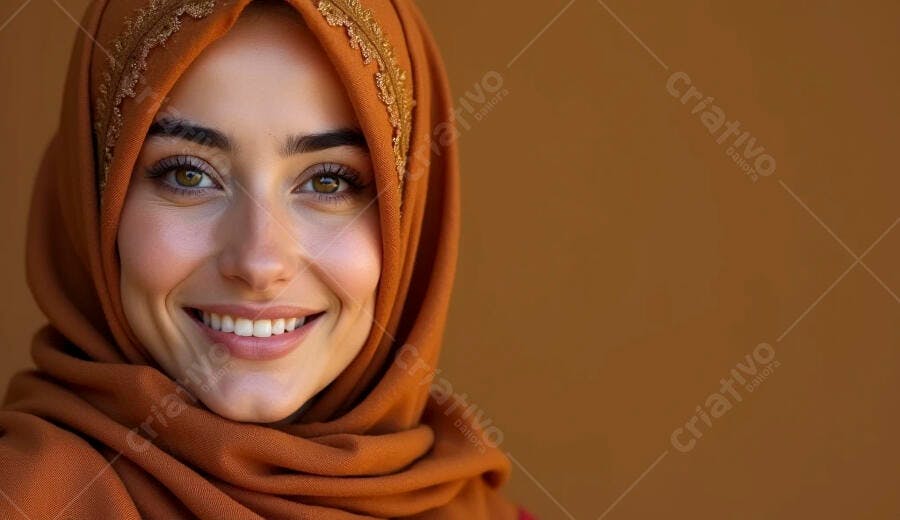 Mulher muçulmana sorrindo feliz com hijab laranja terracota e olhos verdes em closeup