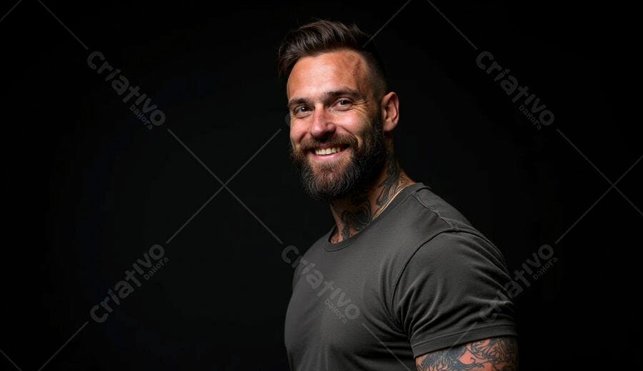 Homem caucasiano barbudo sorrindo com tatuagens em fundo preto