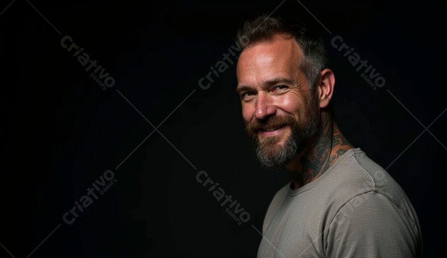 Homem barbudo tatuado caucasiano sorrindo em fundo preto