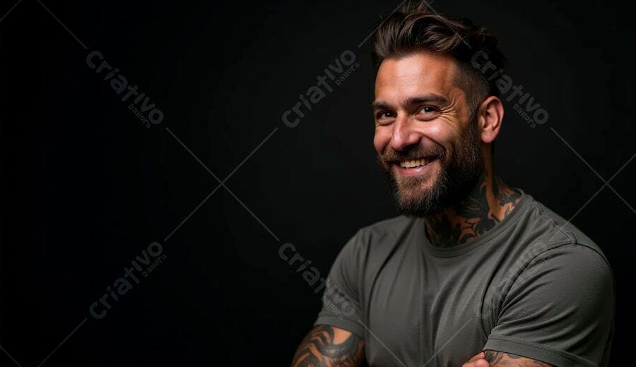 Homem caucasiano barbudo tatuado sorrindo em fundo escuro