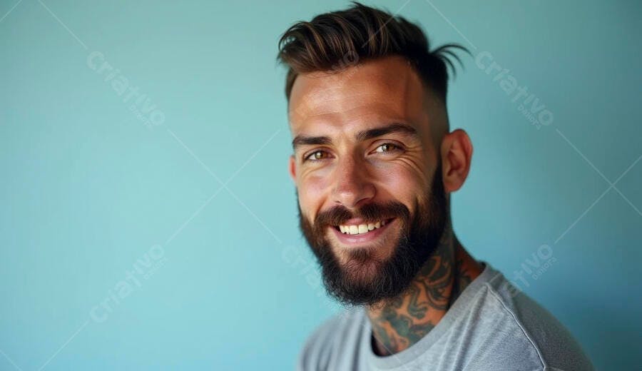Homem barbudo sorrindo com tatuagens em fundo azul claro