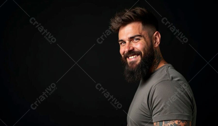 Homem barbudo tatuado sorrindo com camiseta cinza em fundo preto