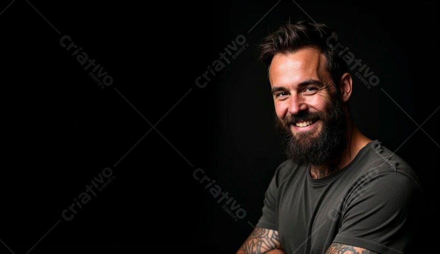 Homem barbudo caucasiano feliz sorrindo em estúdio escuro