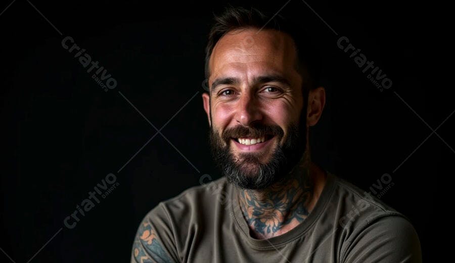 Homem barbudo tatuado sorrindo feliz com camisa verde oliva e fundo escuro