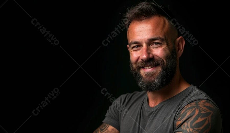 Homem caucasiano barbudo sorrindo com tatuagem no braço camiseta cinza fundo preto