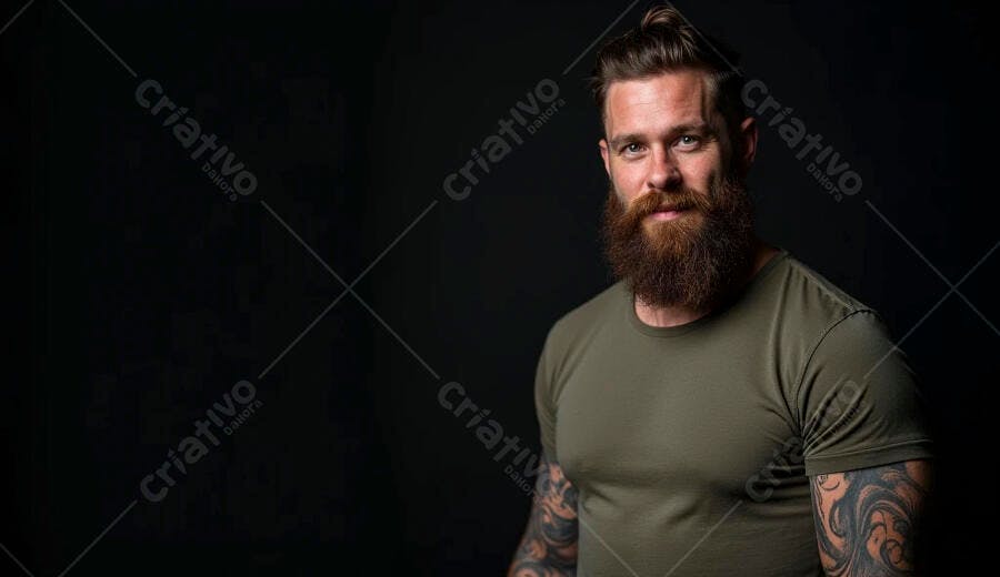 Homem barbudo olhos azuis camiseta verde oliva braço tatuado em estúdio