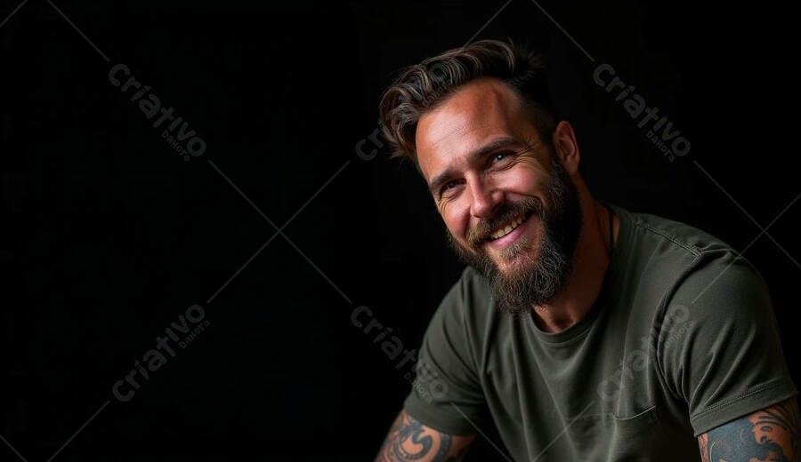 Homem barbudo sorrindo com tatuagem em camiseta verde oliva retrato