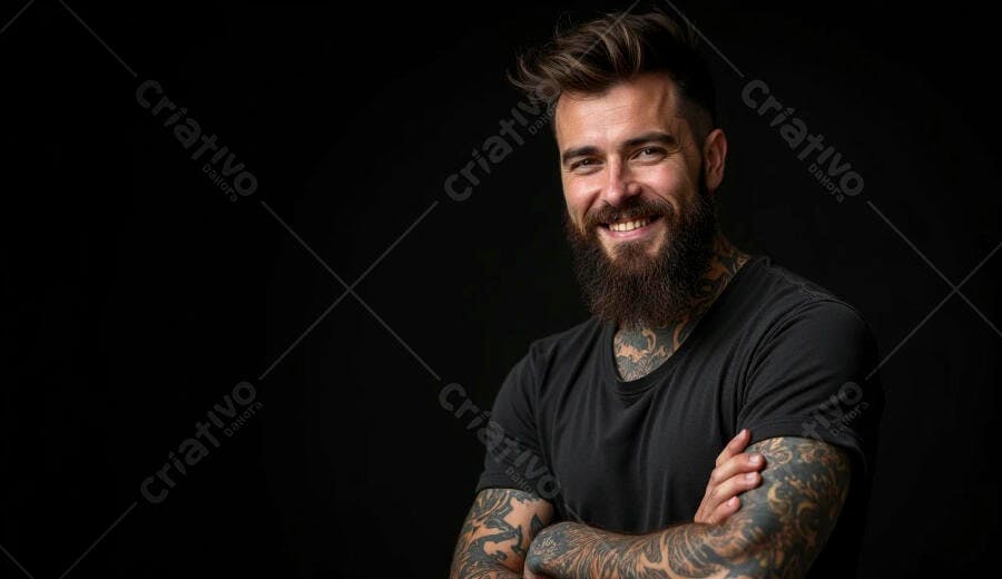 Homem barbudo tatuado sorrindo com braços cruzados em estúdio escuro