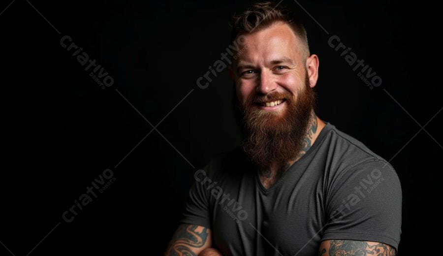 Homem barbudo tatuado sorrindo com camiseta cinza em estúdio preto