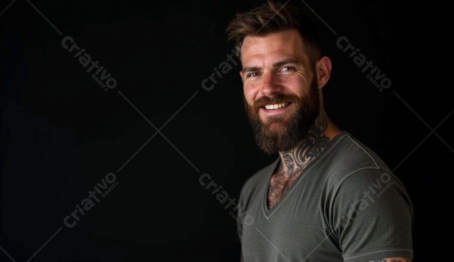 Homem caucasiano barbudo sorrindo com tatuagens em estúdio escuro