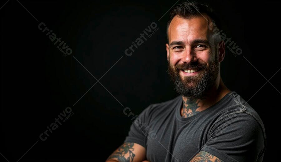 Homem barbudo tatuado sorrindo confiantemente em estúdio escuro