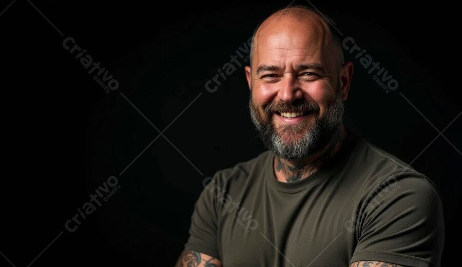 Homem careca barbudo tatuado sorrindo em camisa verde oliva fundo escuro