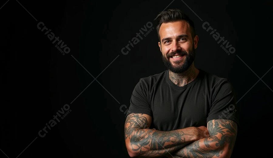 Homem barbudo tatuado caucasiano sorrindo com braços cruzados em estúdio