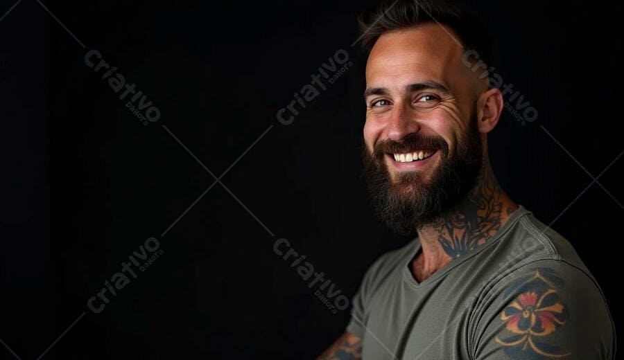 Homem barbudo tatuado sorrindo em fundo preto com camiseta verde
