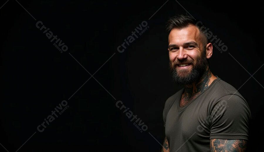 Homem barbudo tatuado sorrindo em estúdio com fundo escuro