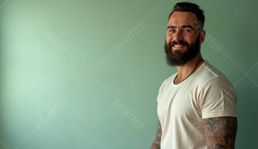 Homem barbudo sorrindo com tatuagem e camiseta bege fundo verde