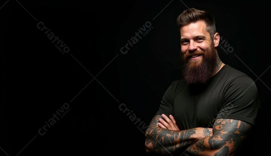 Homem barbudo sorrindo com braços cruzados tatuados fundo preto