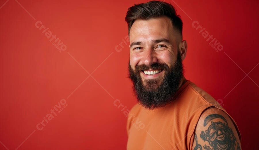 Homem barbudo feliz de camiseta laranja sorrindo com tatuagem em fundo vermelho