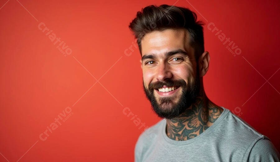 Homem barbudo tatuado sorrindo feliz em camisa cinza contra fundo vermelho