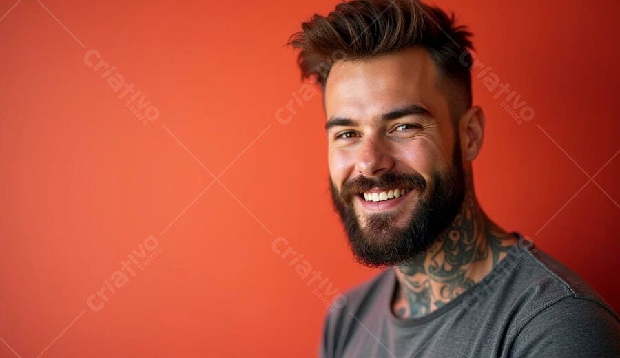 Homem caucasiano barbudo sorrindo com tatuagens em fundo laranja vibrante