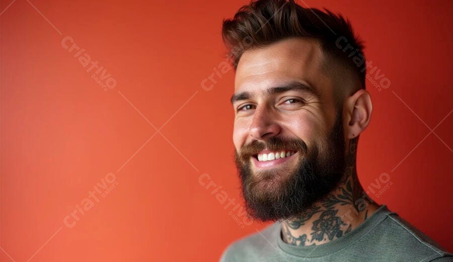 Homem caucasiano barbudo sorrindo com tatuagens em fundo laranja vibrante