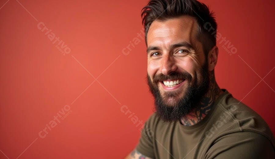 Homem barbudo sorrindo com tatuagens em fundo vermelho vibrante
