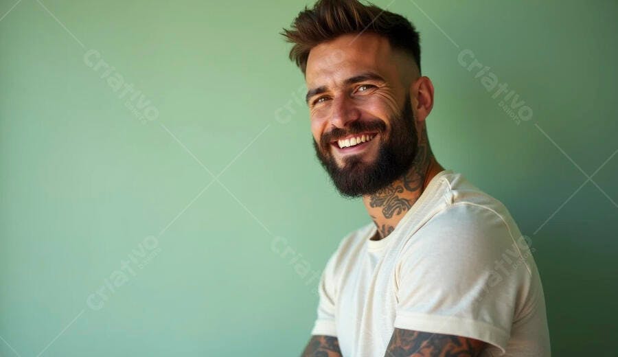 Homem barbudo tatuado sorrindo feliz contra parede verde clara
