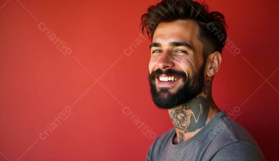 Homem barbudo feliz com tatuagens no pescoço em fundo vermelho