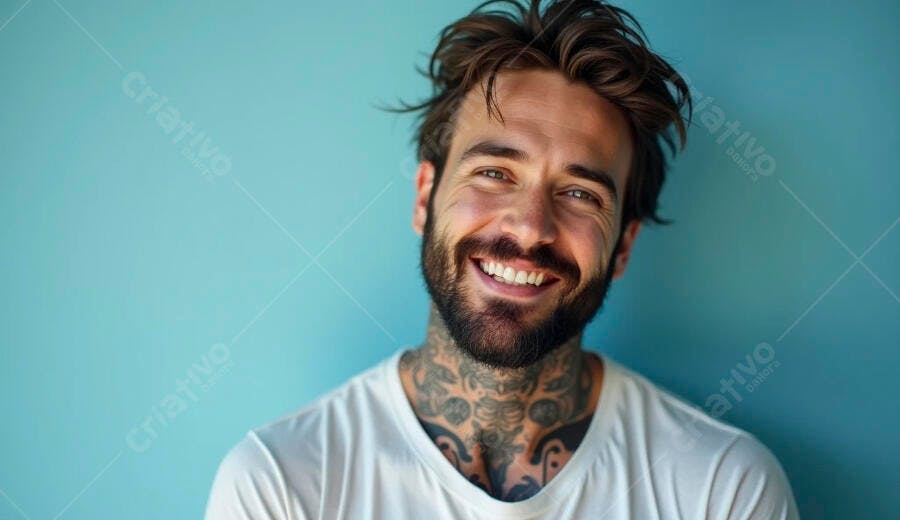 Homem caucasiano feliz com barba e tatuagens sorrindo em fundo azul