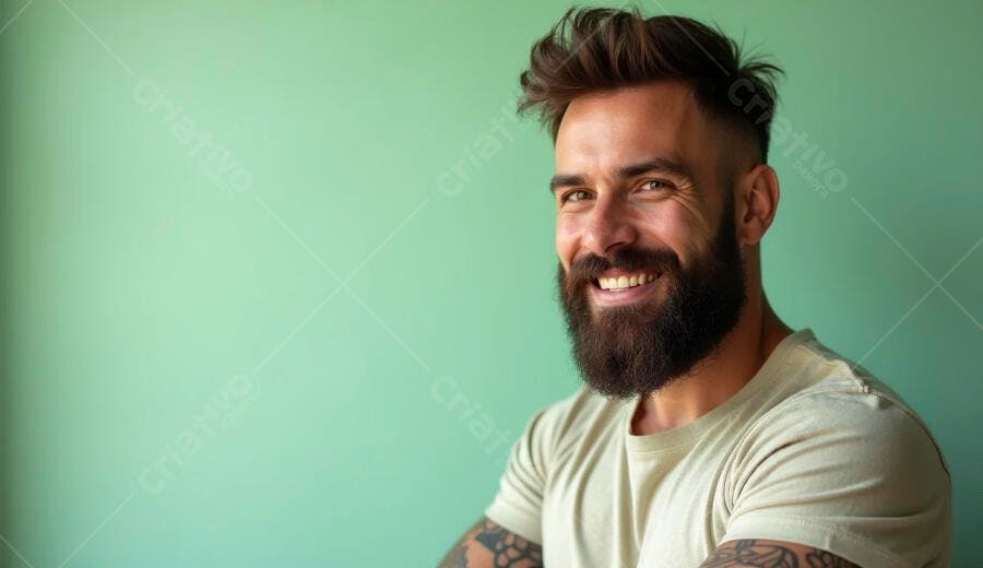 Homem barbudo feliz com tatuagens em fundo verde menta
