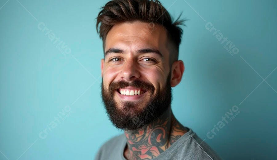 Homem caucasiano barbudo sorrindo com tatuagens em fundo azul claro