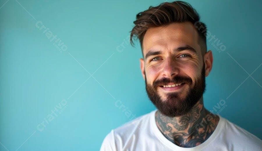 Homem jovem barbudo tatuado sorrindo feliz em fundo azul turquesa