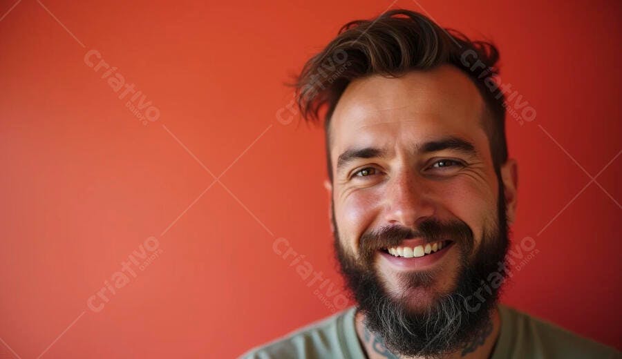 Homem barbudo sorrindo feliz com fundo vermelho vibrante