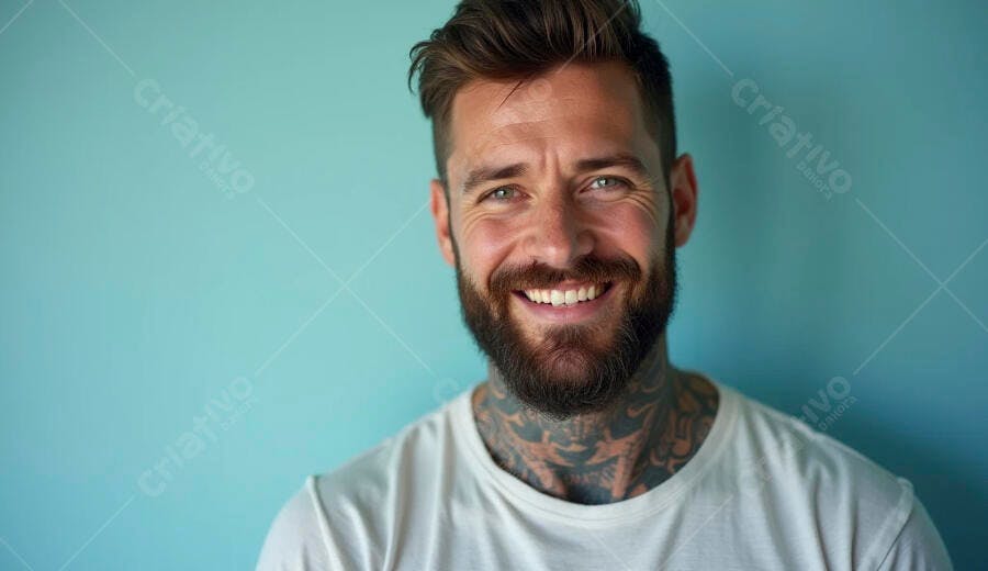 Homem barbudo tatuado sorrindo feliz com cabelo castanho em fundo azul claro