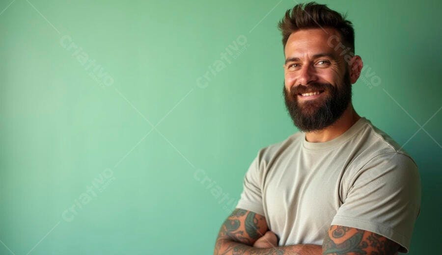Homem barbudo tatuado sorrindo com camiseta bege em fundo verde claro