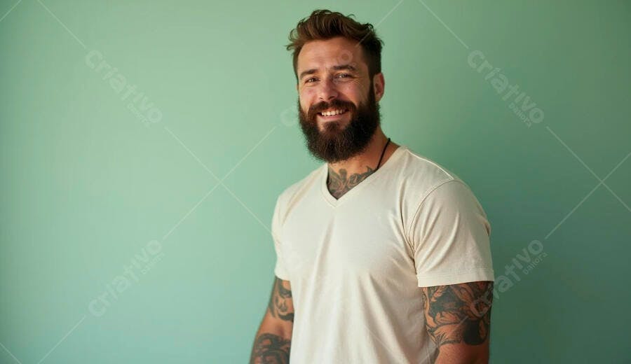 Homem barbudo sorrindo com tatuagens e camiseta bege em fundo verde claro