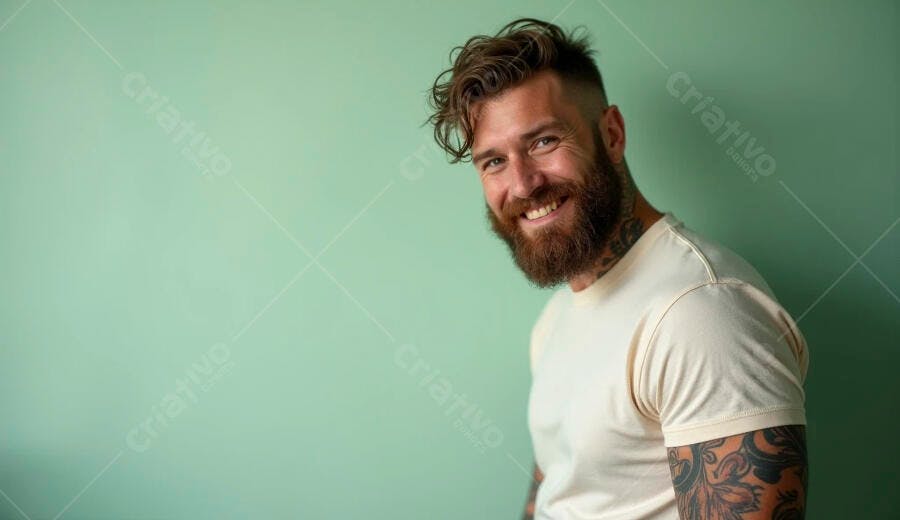 Homem caucasiano barbudo sorrindo com tatuagens em estúdio verde