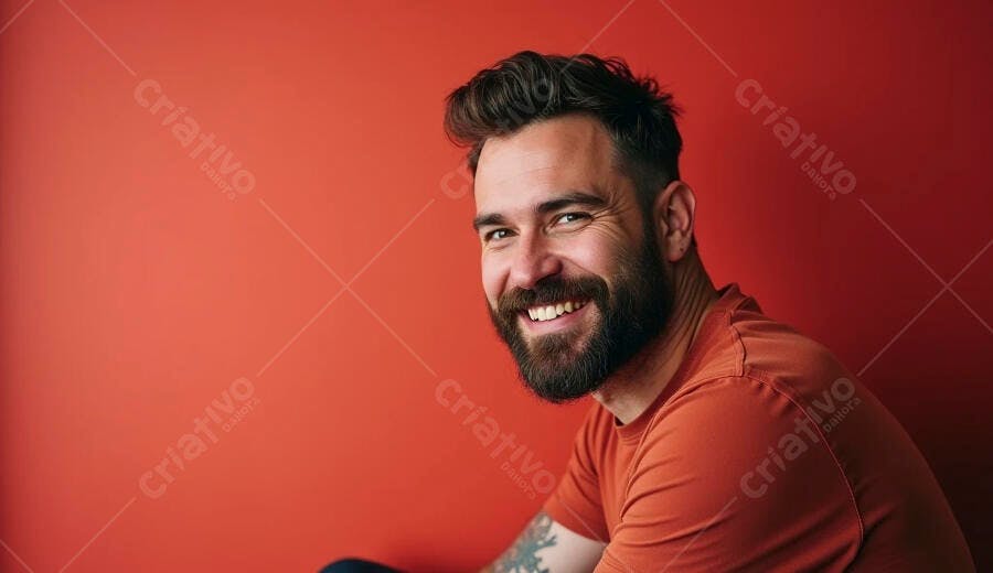 Homem caucasiano barbudo sorrindo com camiseta laranja em fundo vermelho