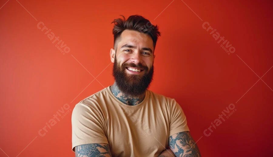 Homem caucasiano barbudo tatuado sorrindo feliz em fundo laranja