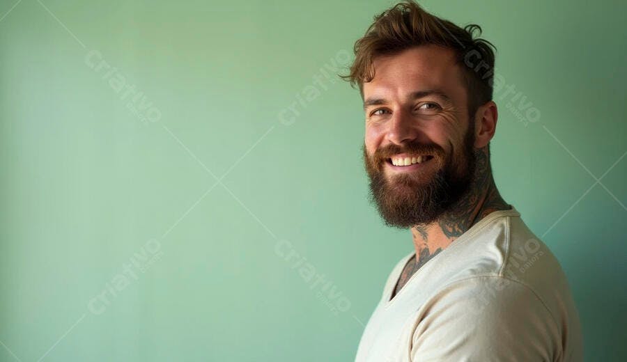 Homem caucasiano barbudo sorrindo com tatuagens em fundo verde claro