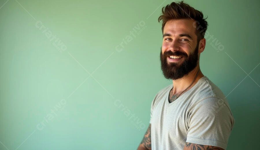 Homem barbudo sorrindo com camiseta cinza em fundo verde claro