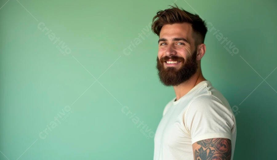 Homem caucasiano barbudo sorrindo camiseta branca tatuagem fundo verde