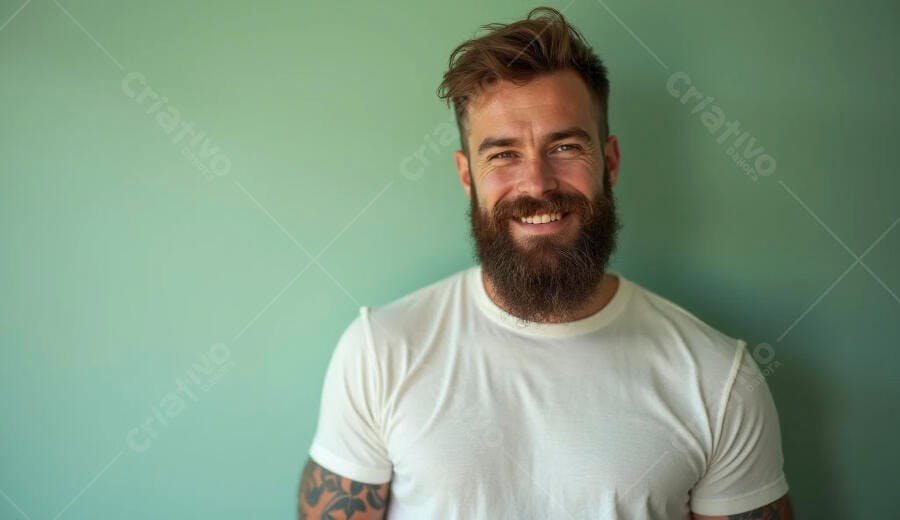 Homem barbudo caucasiano sorrindo com camiseta branca em fundo verde menta