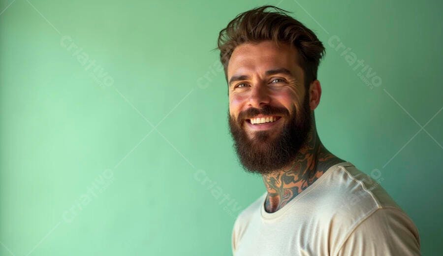 Homem barbudo tatuado sorrindo feliz em camisa clara com fundo verde